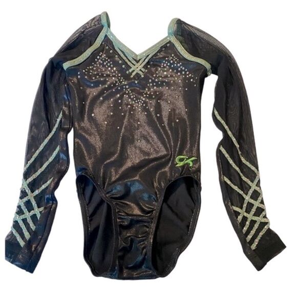 GK elite custom gymnastics competition leotard long sleeve rhinestones mesh LC - Picture 1 of 11